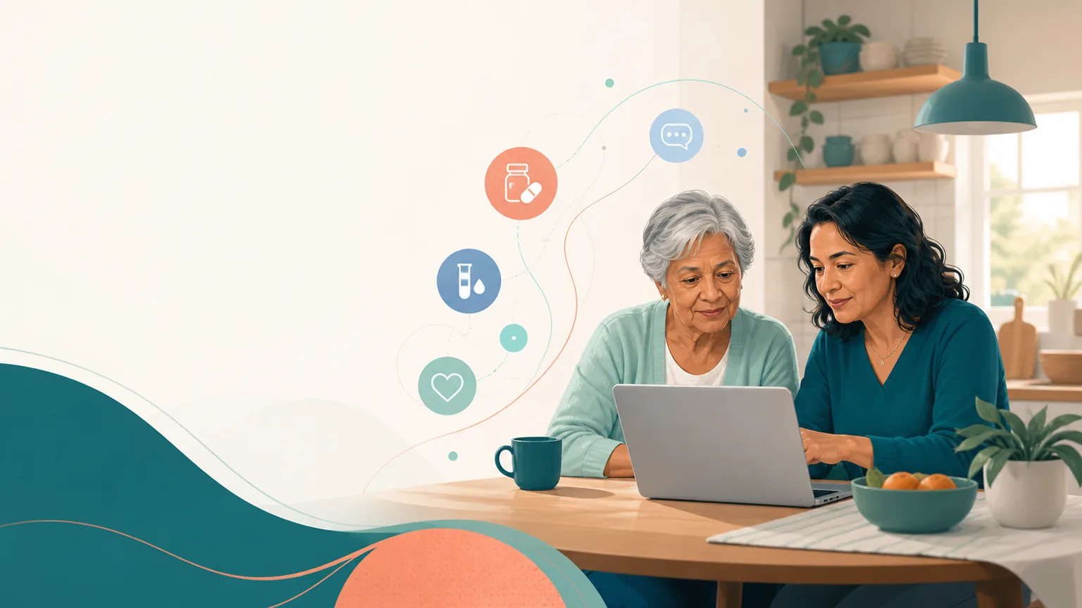 A caregiver and older adult reviewing a health record together