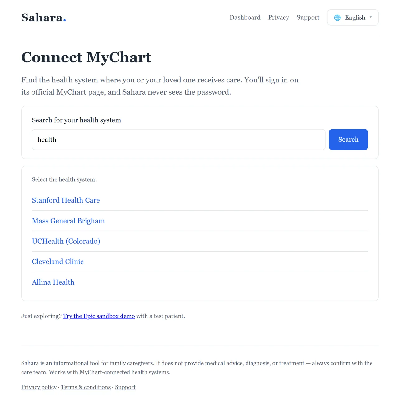 Sahara organization selection and MyChart connection screen