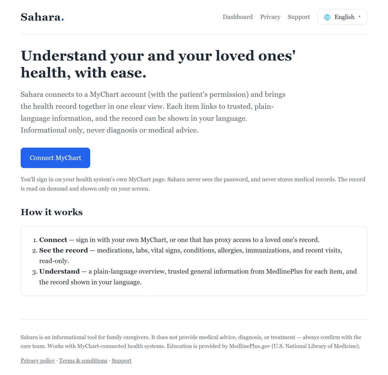Sahara welcome screen with product boundaries and a connect button