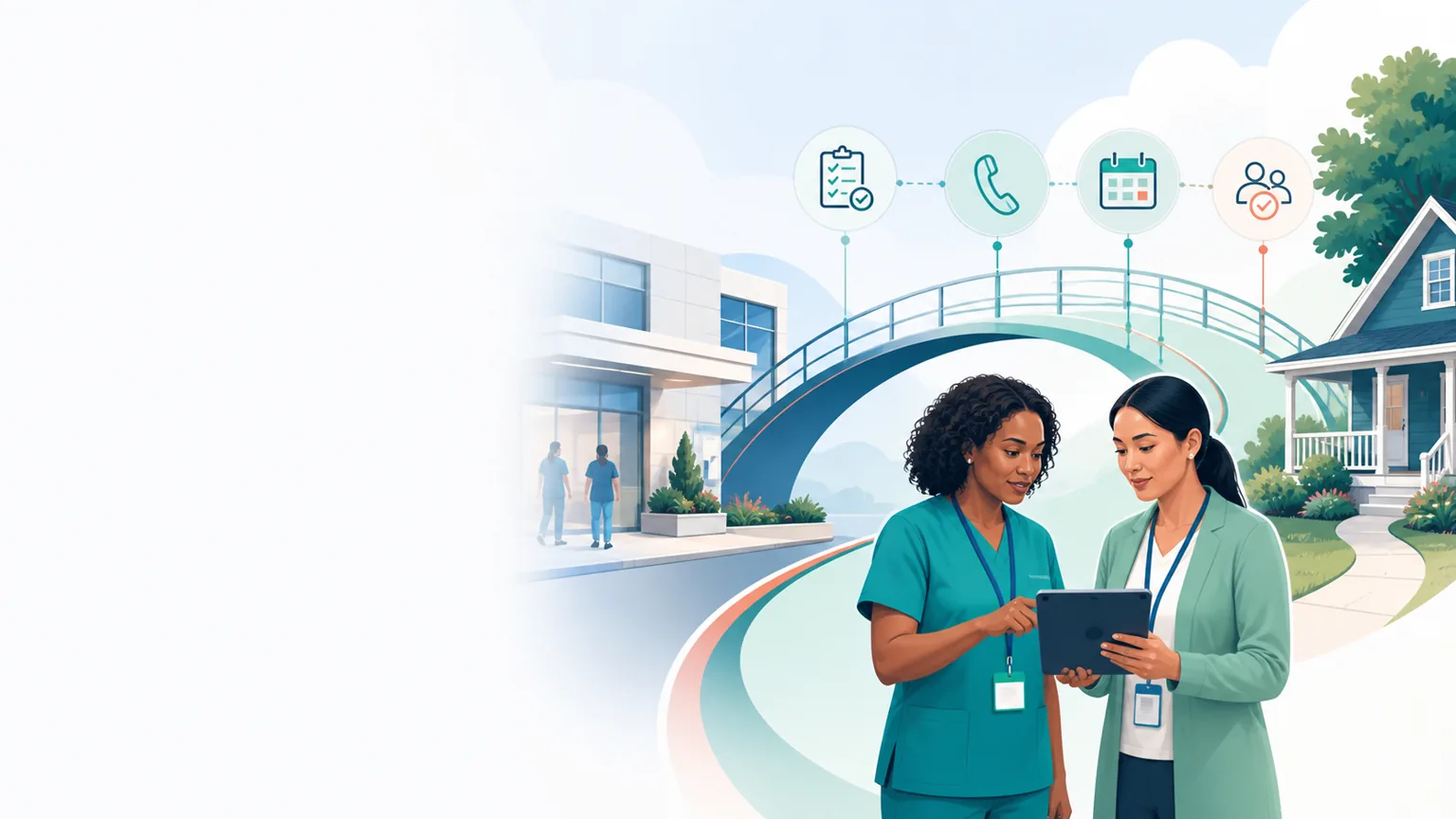Hospital and community care teams coordinating an accountable transition-of-care handoff